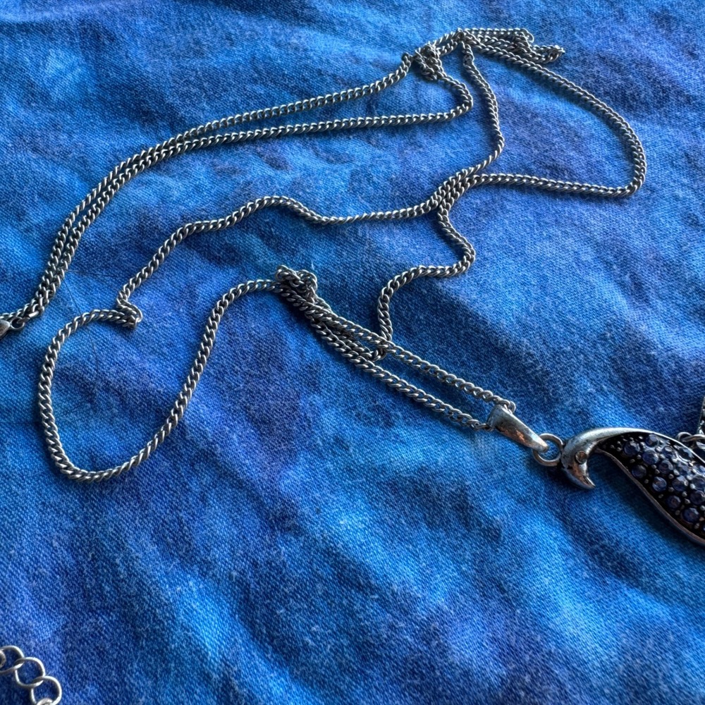 Vintage Peacock Statement Necklace Silver Green Blue Bird Articulated Dangle - Picture 11 of 12